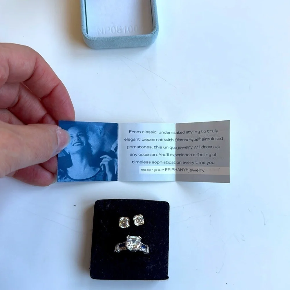 Epiphany Platinum clad Silver and Diamonique QVC ring and Earrings Jewelry Set